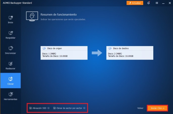 Ventana de selección de opciones antes de hacer el clon