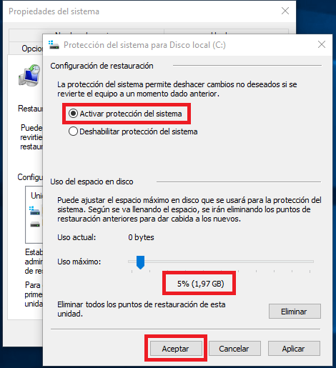 activa la protección del sistema al 5%