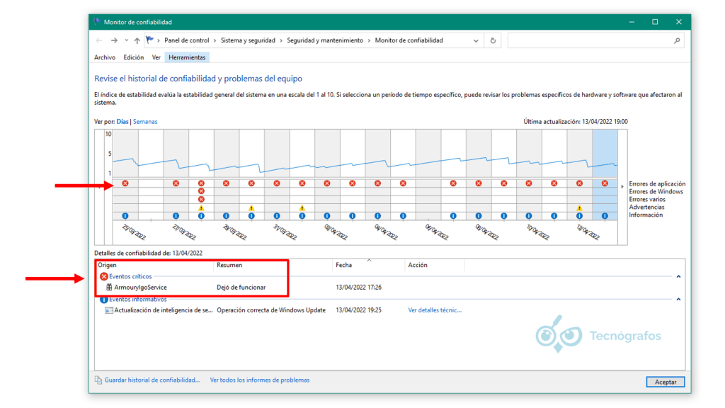Monitor de confiabilidad de Windows - Tecnógrafos
