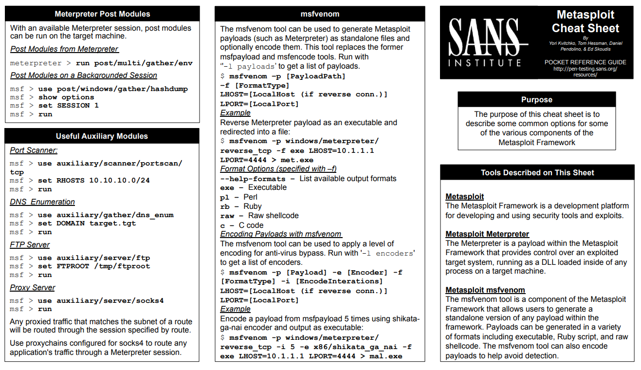Comando útiles Metasploit - SANS