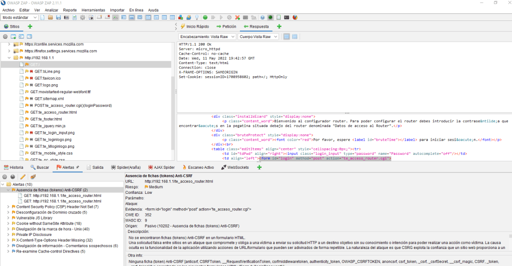 Zed Attack Proxy analizando vulnerabilidades de un portal web (un router)