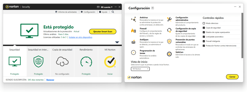 Pantalla de configuración de Norton Antivirus.
