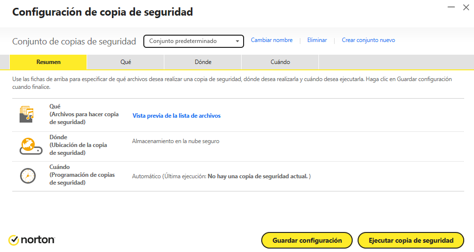 La herramienta de copias de seguridad en la nube de Norton