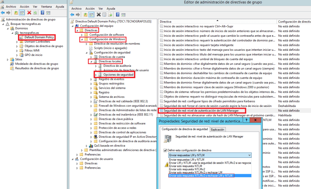 Directivas > Configuración de Windows > Directivas locales > Opciones de seguridad > Seguridad de red: nivel de autenticación de LAN Manager