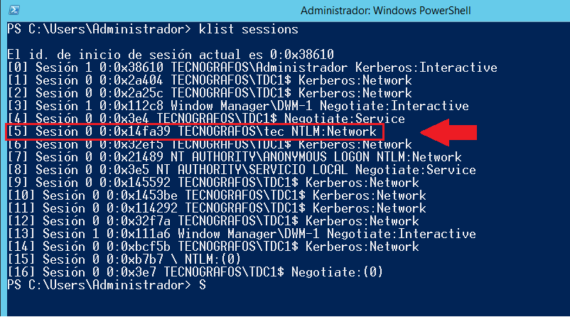 Un servidor mostrando que hay una sesión NTLM abierta en la máquina.