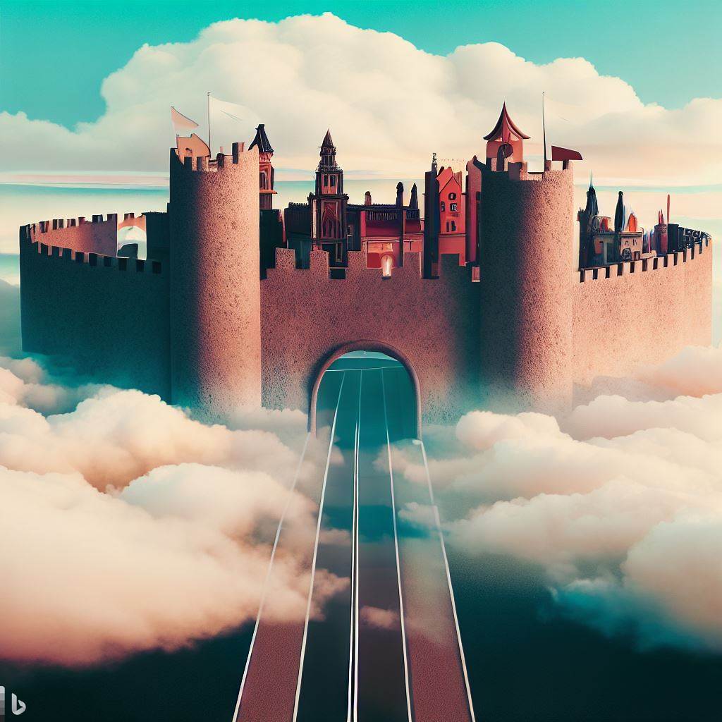 Un castillo cloud con las puertas abiertas y superconectado con una autovía, simbolizando el modelo de ciberseguridad actual